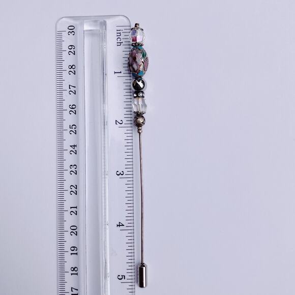 Vintage Mid Century Cloisonné Hat Pin AB Glass Beads Floral Stick Pin 1950s - Picture 13 of 16